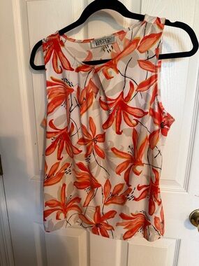 Kasper Cream Sleeveless Top with Orange Floral Print